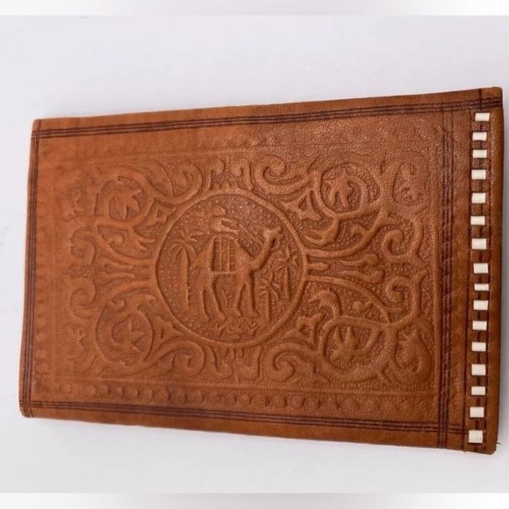 Treasures Of Morocco Wallet Leather Genuine carved Bi-fold Handmade cognac